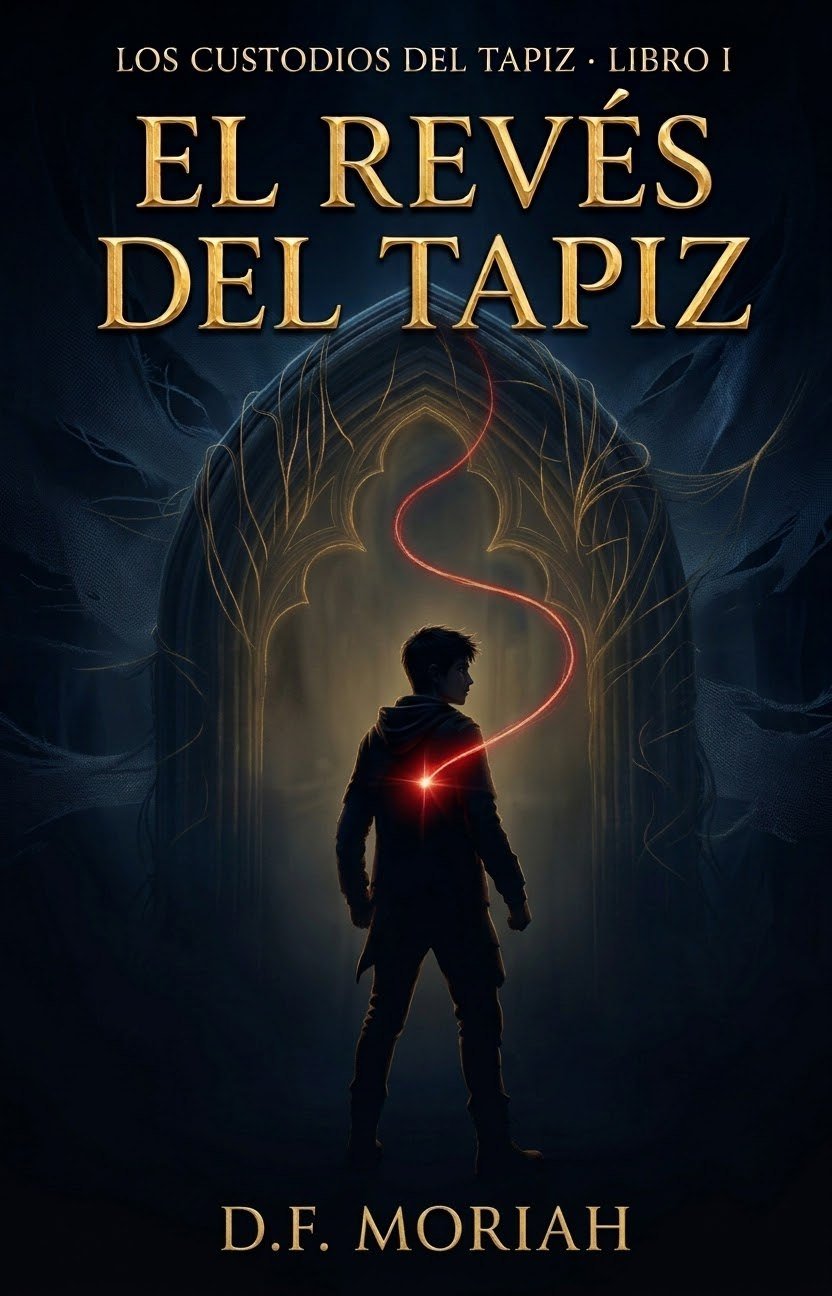 Portada de El revés del tapiz: un chico de espaldas ante un arco dorado, con un hilo rojo que le sale del pecho