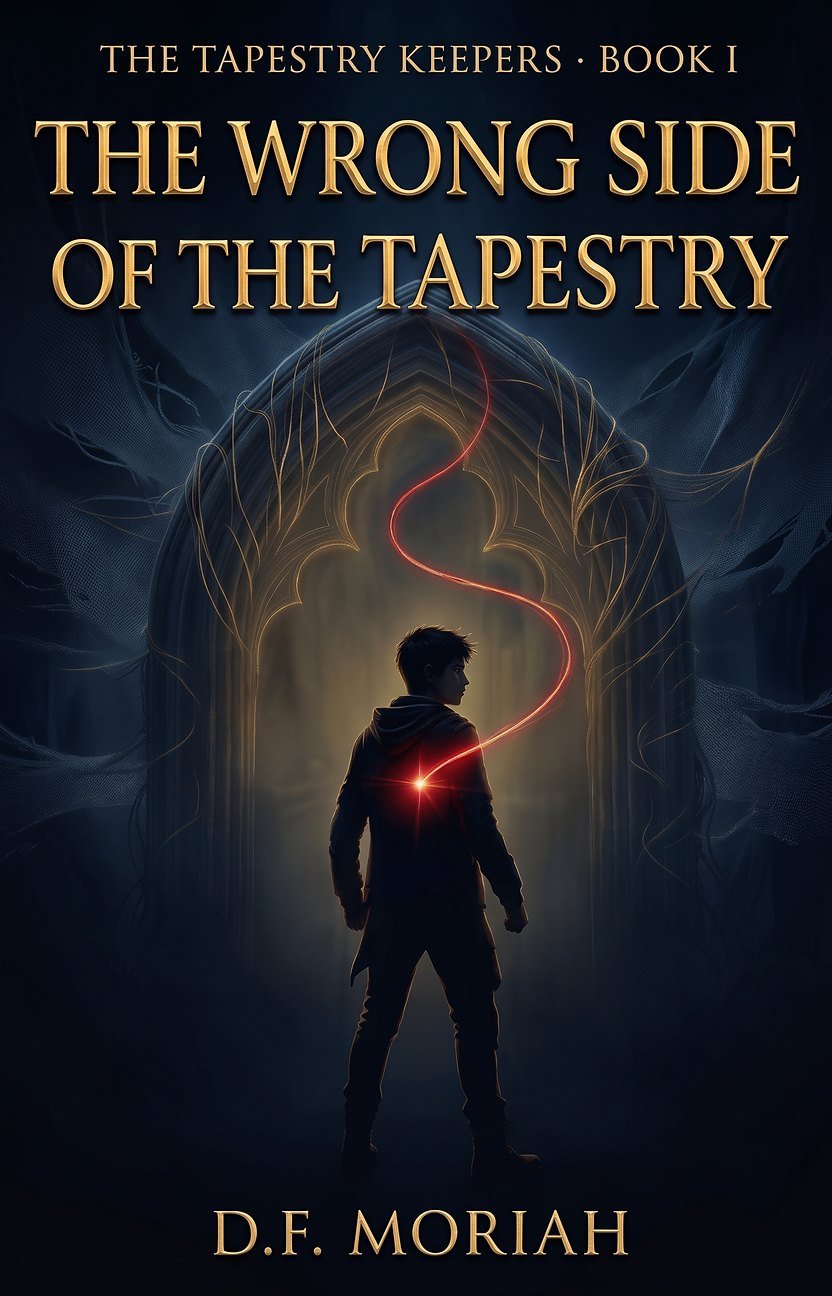 Cover of The Wrong Side of the Tapestry: a boy seen from behind before a golden arch, with a red thread coming from his chest